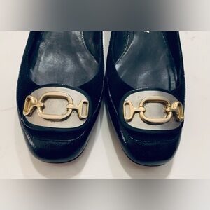 Delman Black Suede & Patent with Gold Shoes